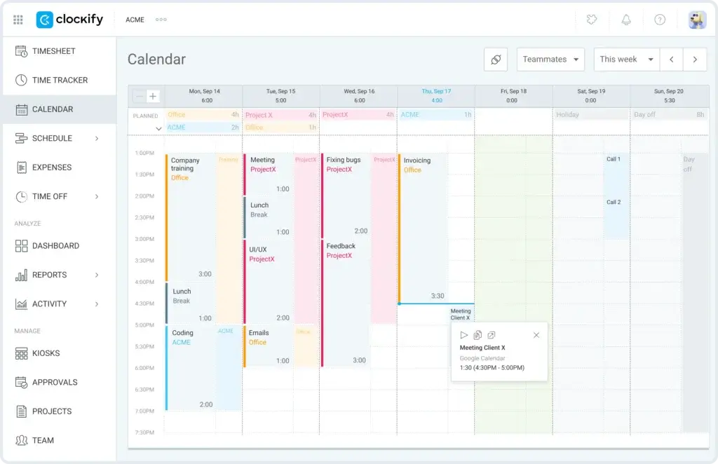 Clockify calendar view showing daily scheduled tasks, meetings, and work blocks by color-coded projects