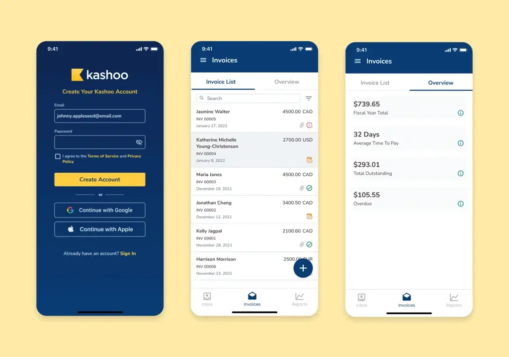 Kashoo mobile app screenshots showing account setup, invoice list, and payment overview