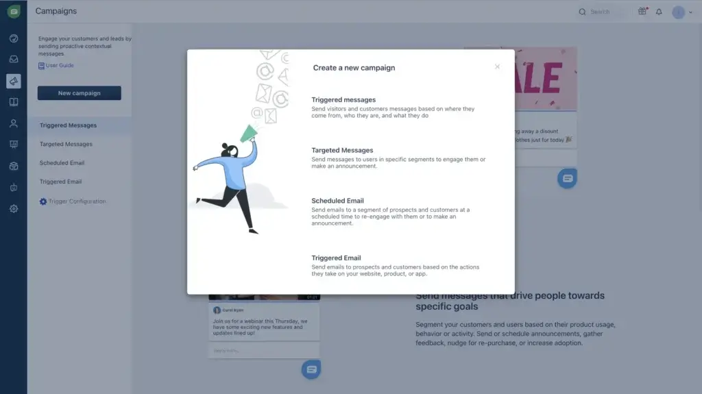 Freshchat campaign creation popup with options for triggered messages, targeted messages, and scheduled emails