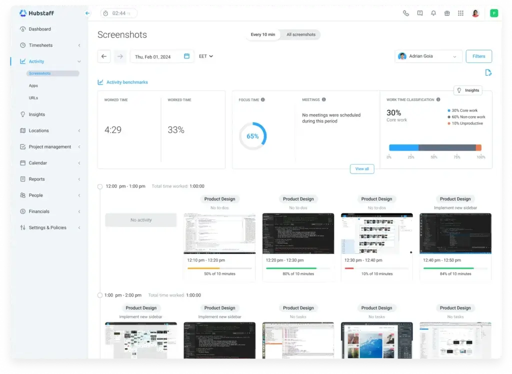 Hubstaff activity dashboard with screenshots and productivity metrics
