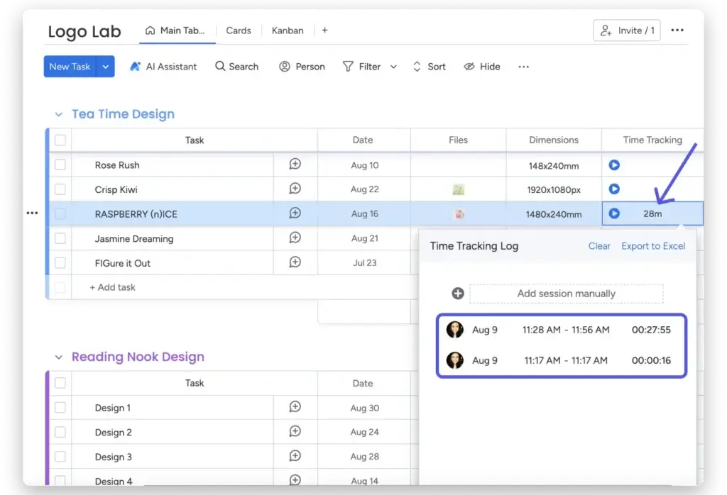 monday.com board showing a task time tracking log with recorded work sessions