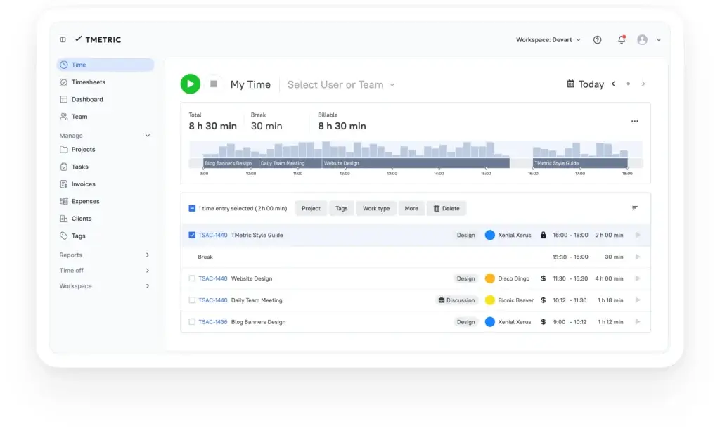 TMetric dashboard showing tracked time, billable hours, projects, and daily work entries