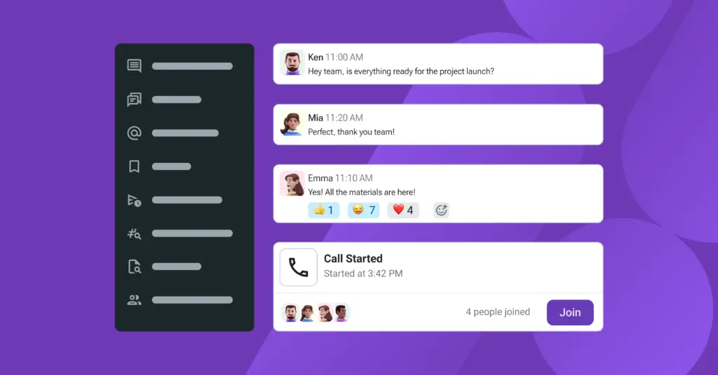 Team chat in Pumble with emoji reactions and call notification in purple-themed interface