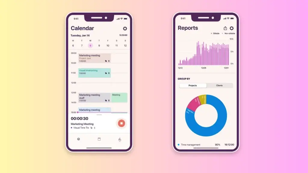 Toggl Track mobile app showing calendar view and project time reports