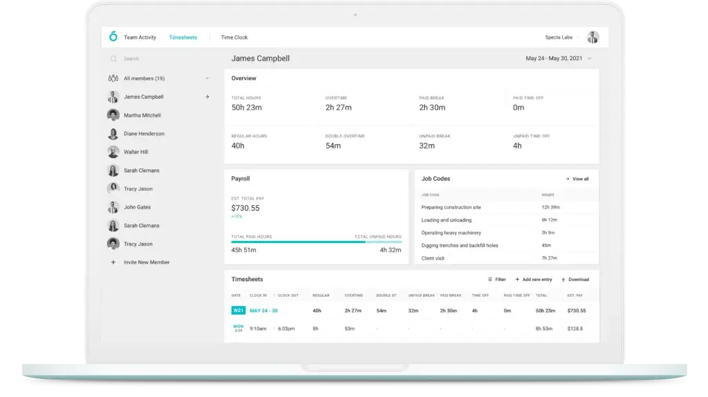 Atto dashboard showing timesheets, payroll estimates, job codes, and employee hours