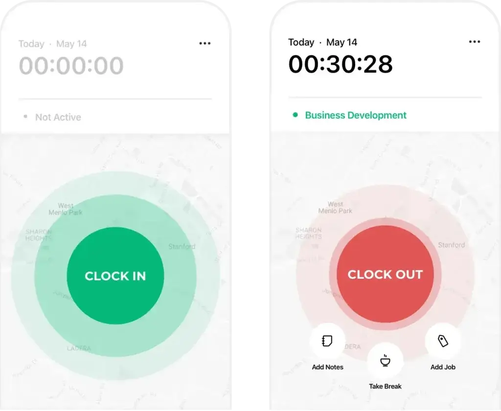 Atto mobile app showing GPS time tracking and timesheet tools for field employees