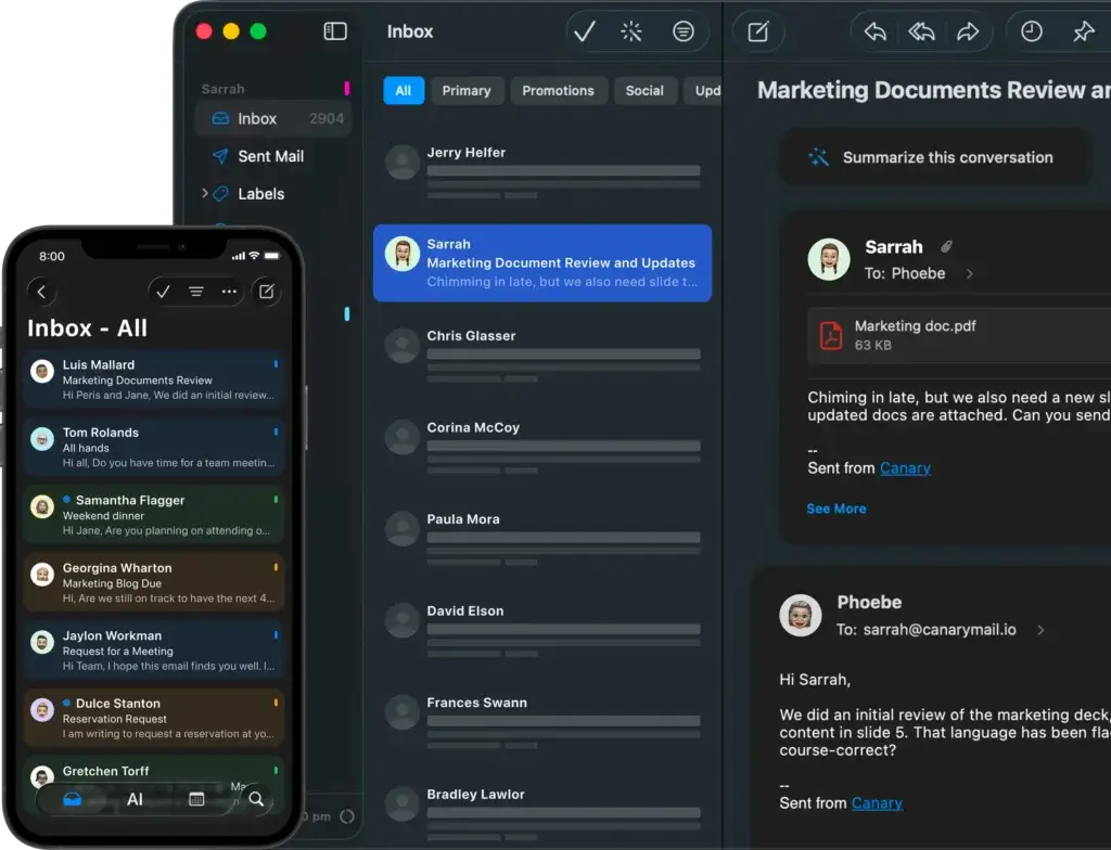 Canary Mail AI email client with inbox summaries and mobile view