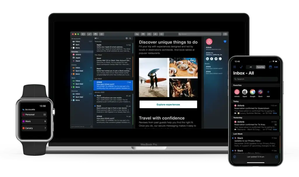 Canary Mail running across desktop, iPhone, and Apple Watch