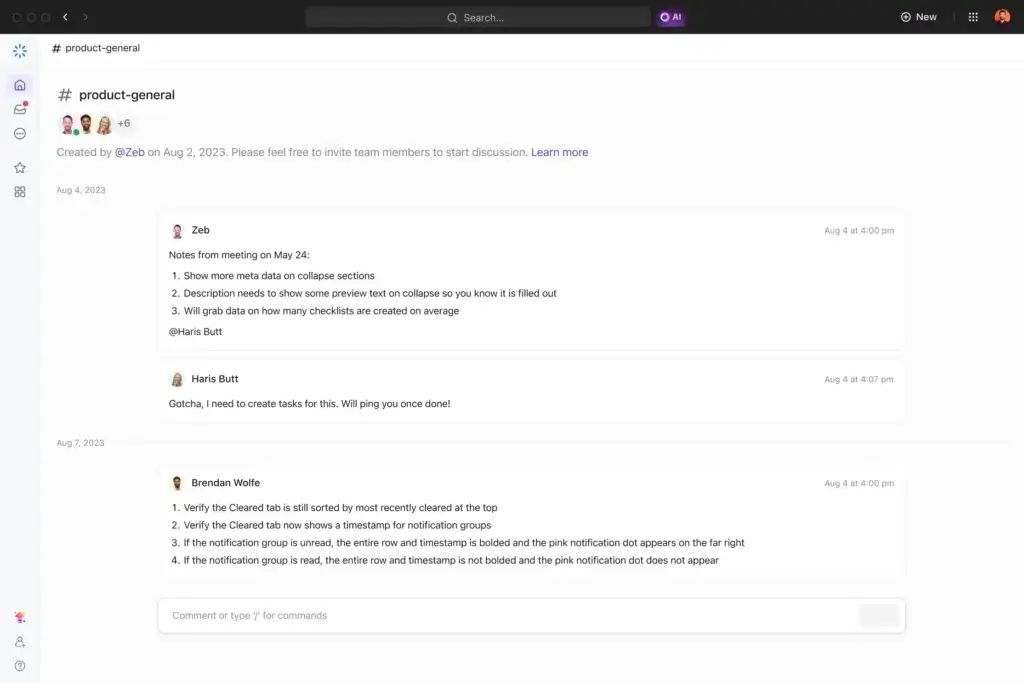 ClickUp Chat interface with team threads and task-related collaboration