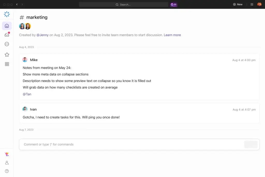 ClickUp Chat channel with team messages, task updates, and project context
