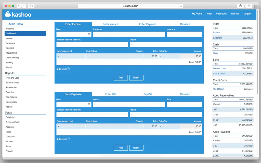 Kashoo desktop accounting dashboard with income, expenses, reports, and financial overview