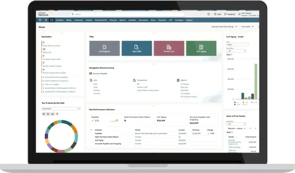 NetSuite accounts payable dashboard with open bills, vendor list, AP aging graph, and payment workflow tools