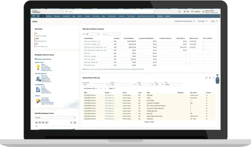 NetSuite cash management dashboard showing bank reconciliation summary and system audit log