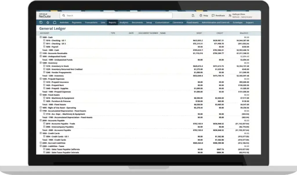 NetSuite general ledger report showing account balances, debits, credits, and financial reporting data