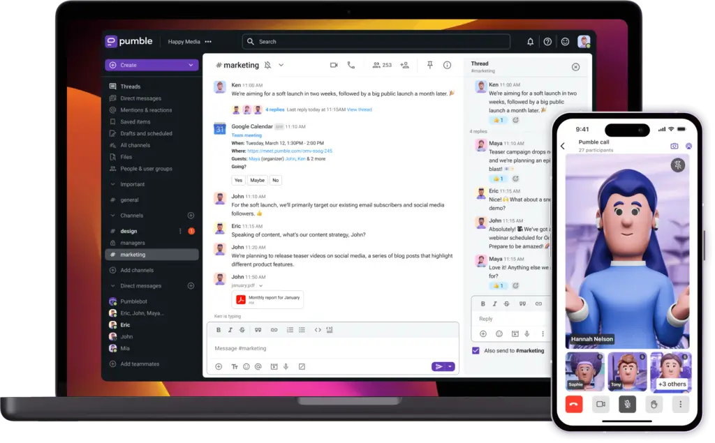 Pumble dashboard on desktop and mobile with team chat and video call