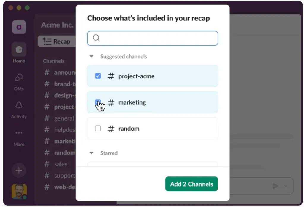 Slack AI recap settings for selected channels