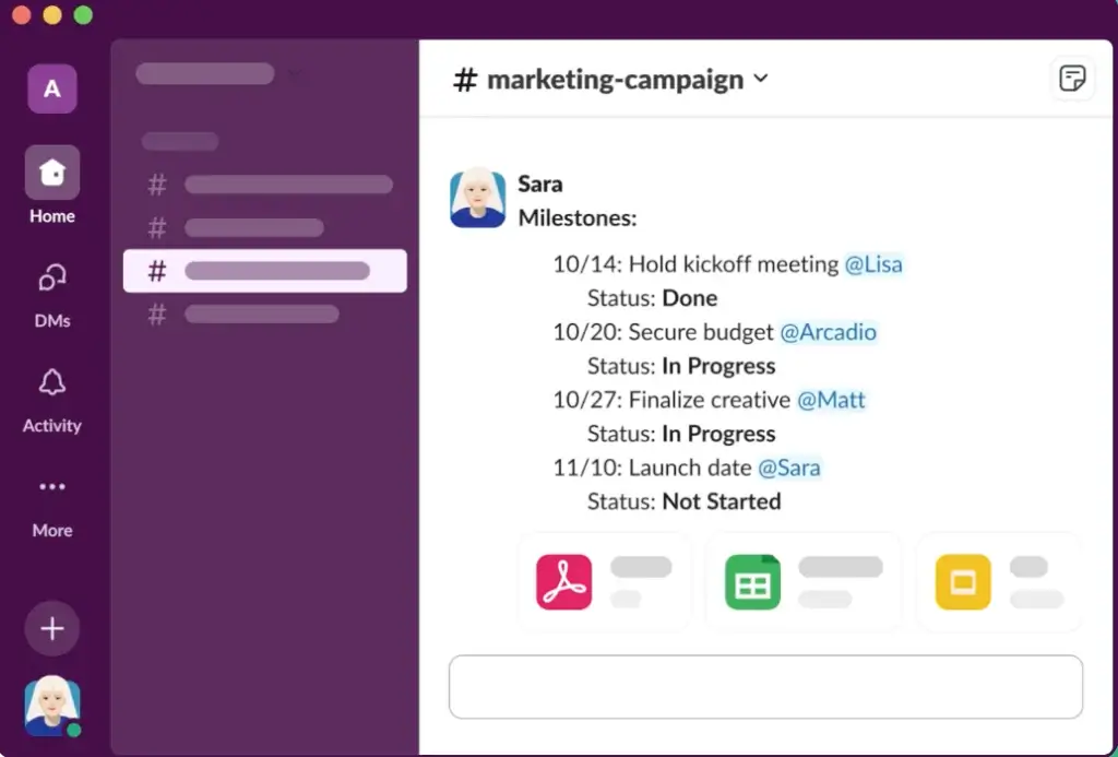 Slack channel showing project milestones and team updates