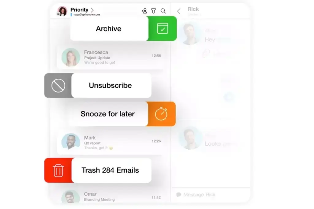 Swipe-based email management in Spike with options to archive, unsubscribe, snooze, or delete messages