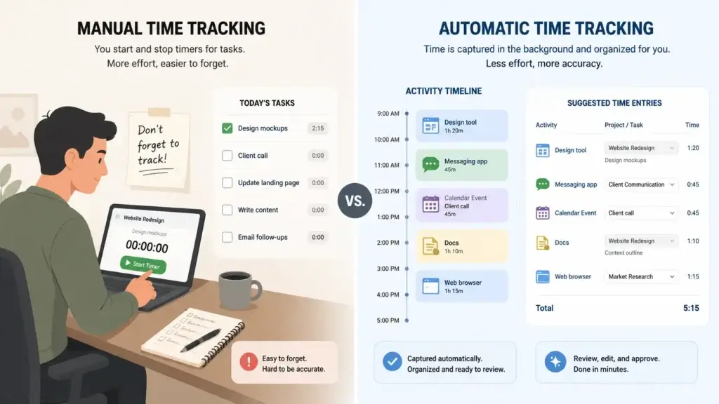 Manual and automatic time tracking methods compared.
