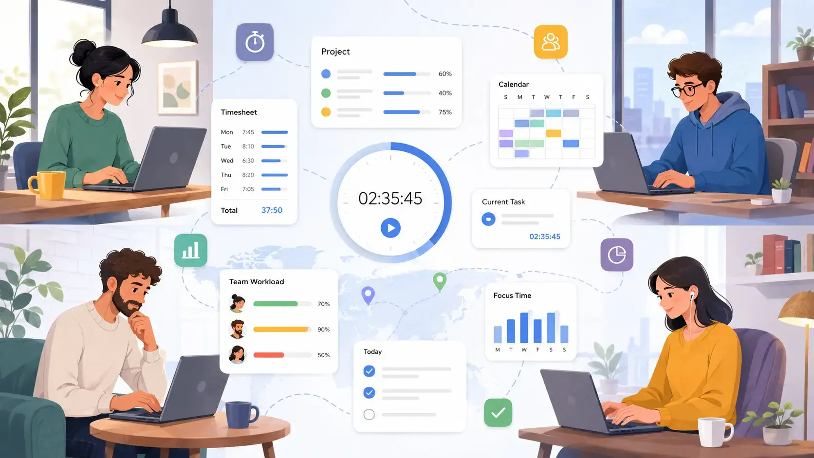 Remote team using time tracking tools to manage work hours.