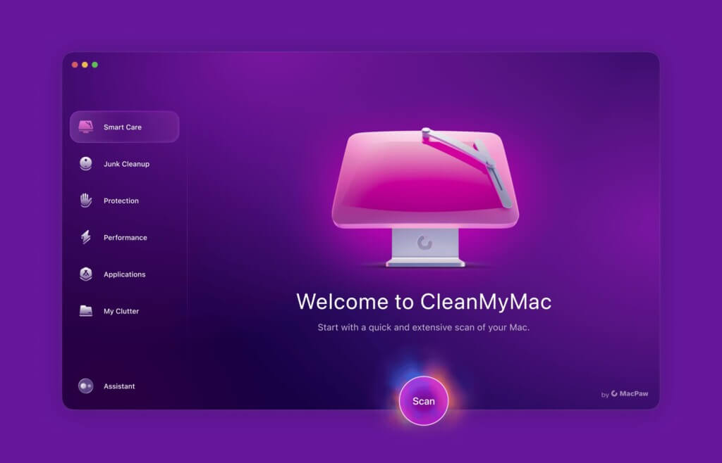 CleanMyMac X Smart Scan interface showing system cleanup, malware removal, and optimisation tools for macOS.