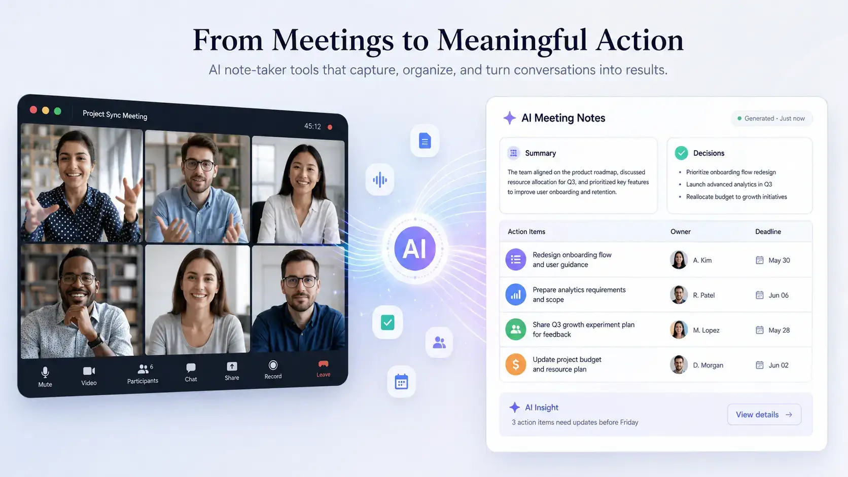 AI meeting notes converted into tasks and follow-ups by note taking apps