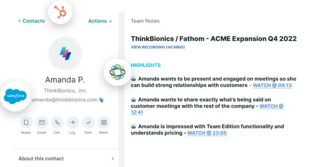 Fathom meeting highlights with customer insights and replayable timestamps