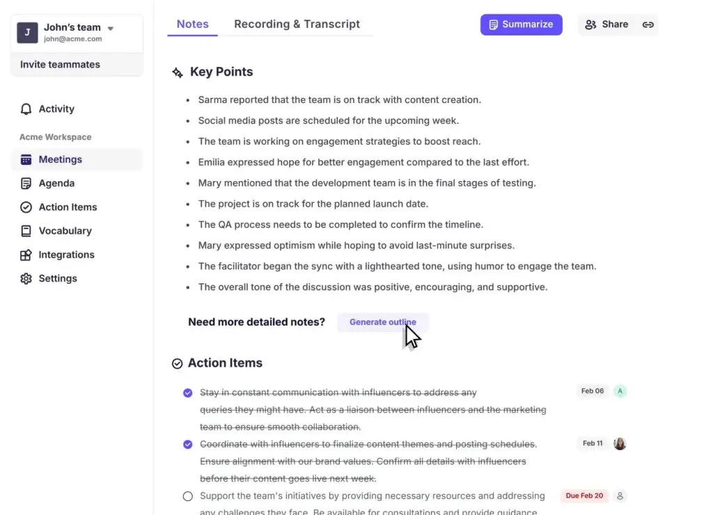 Krisp AI-generated meeting summary showing key points, action items, and outline generation