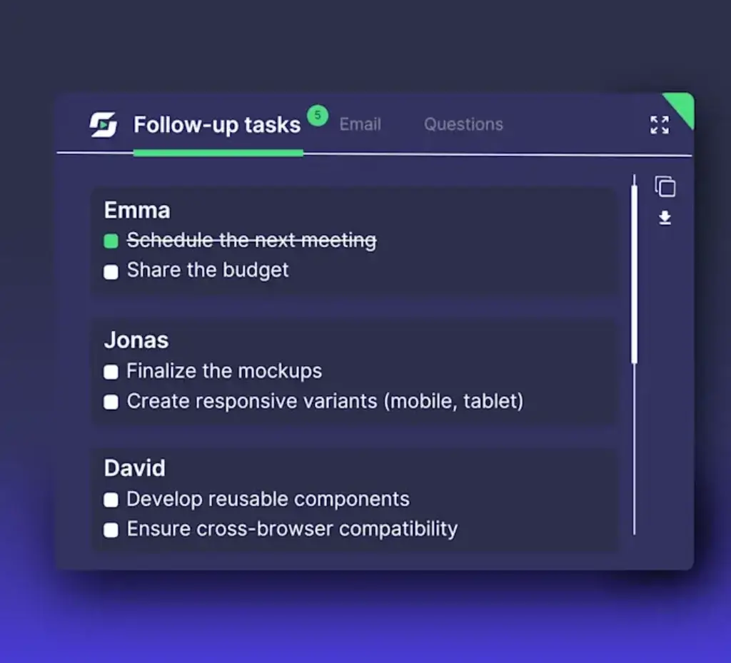 Leexi follow-up task panel showing action items assigned to participants Emma, Jonas, and David.