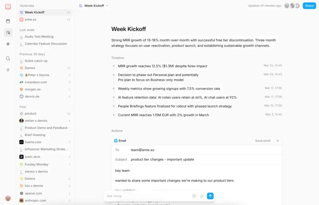 Amie AI meeting summary with action items and timeline from a Week Kickoff call