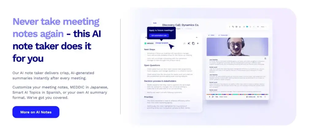 tl;dv AI note taker generating meeting summaries and transcripts automatically after video calls.
