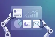 AI automation concept with robotic arms managing marketing data