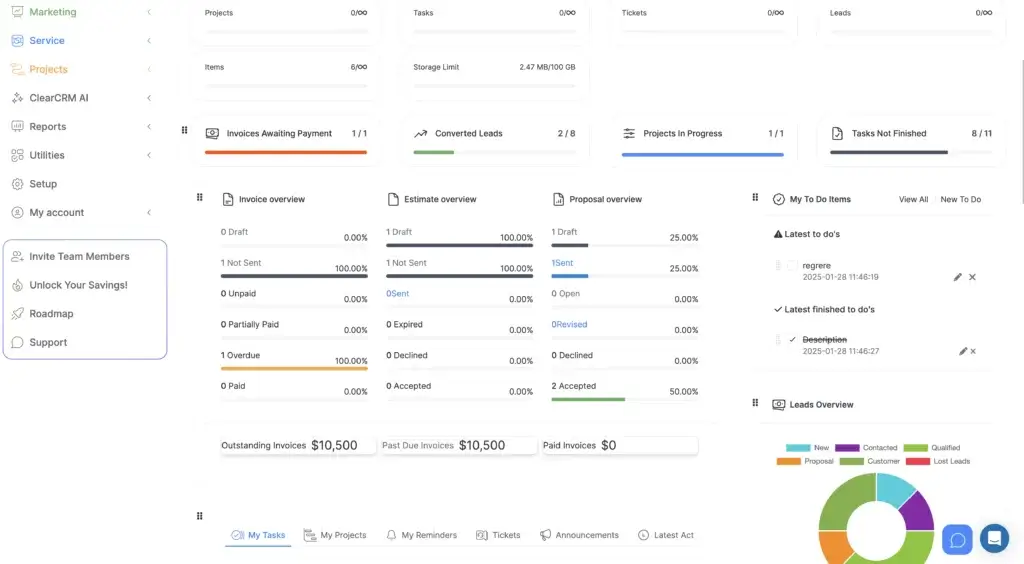 ClearCRM dashboard showing invoices leads tasks and projects