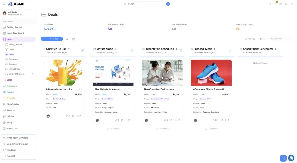 ClearCRM deals pipeline with sales stages and deal cards