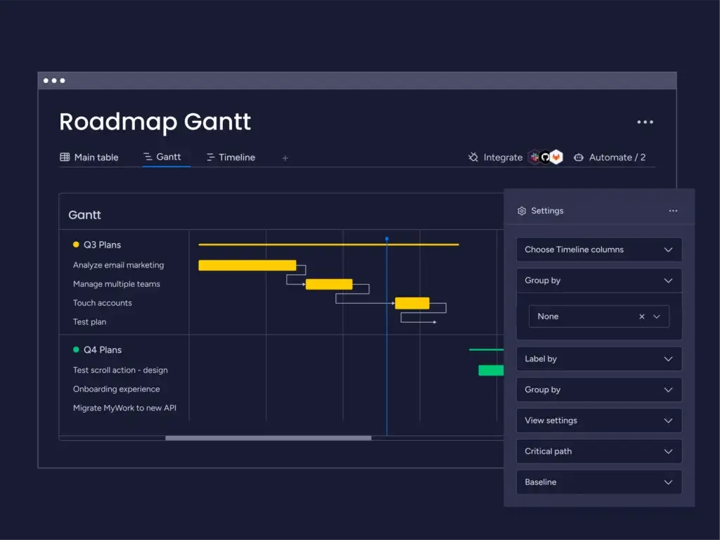 monday Dev roadmap Gantt chart for agile project planning