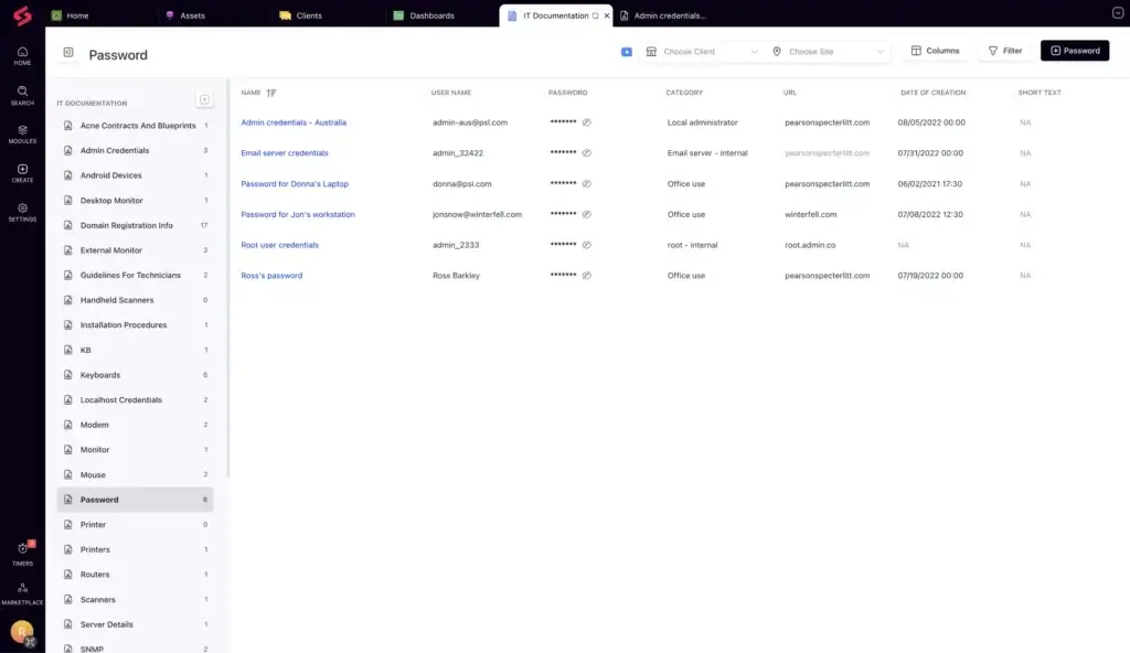 SuperOps IT documentation module displaying saved credentials
