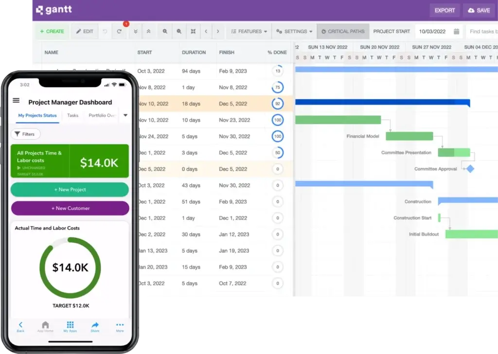 Quickbase Gantt chart and mobile project dashboard showing tasks and costs.