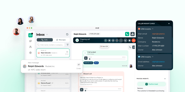 Aircall unified communication workspace showing inbox and caller details