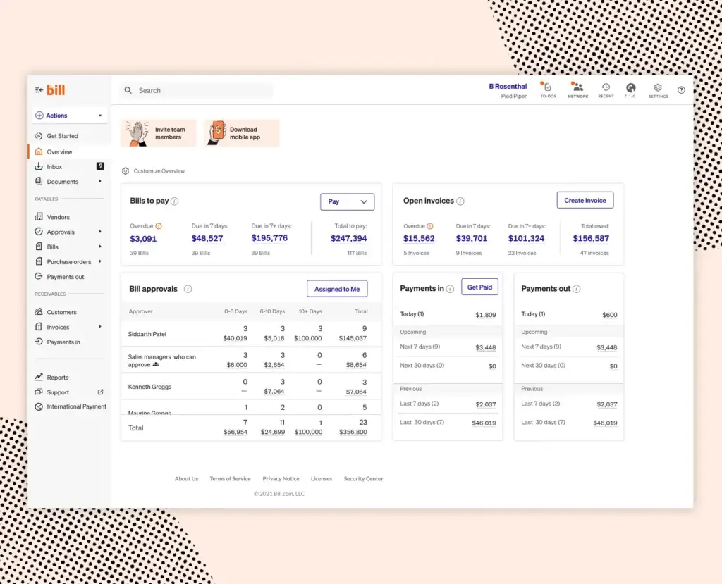 Bill dashboard for bills, invoices, approvals, and payments