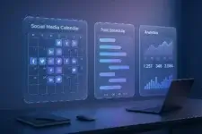 Best social media content management tools - AI assistant hologram generating social media posts on a futuristic digital interface with glowing icons and analytics in blue and purple tones.