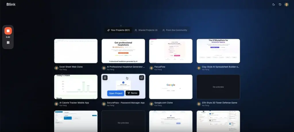 Project dashboard displaying multiple AI-generated web and mobile app projects.