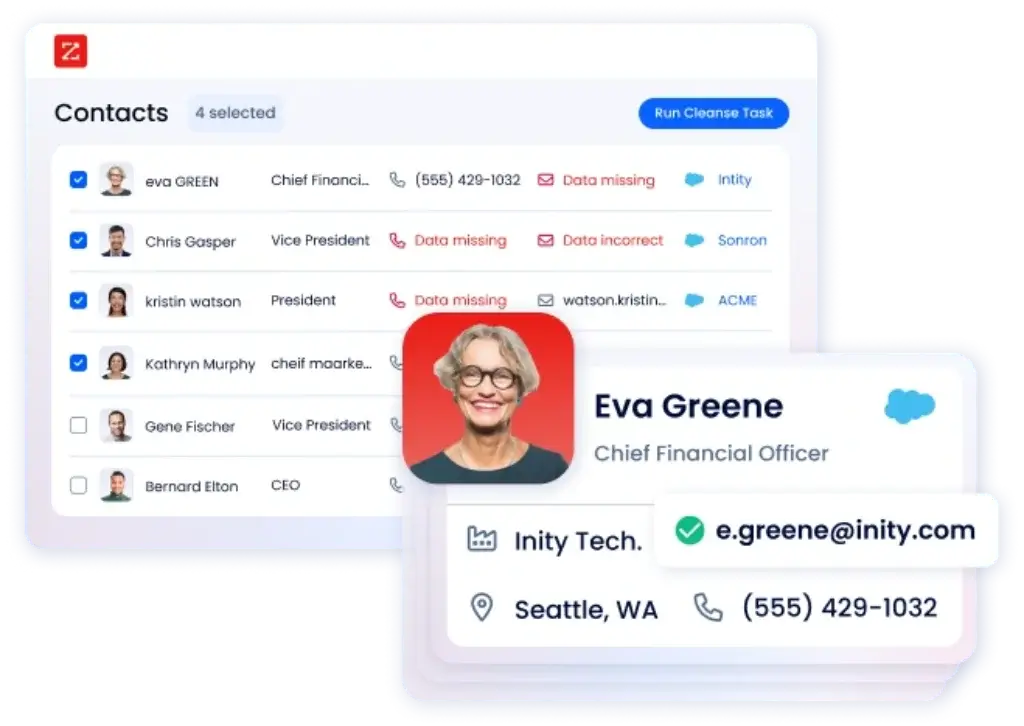 ZoomInfo contact cleansing interface showing missing or incorrect CRM data.