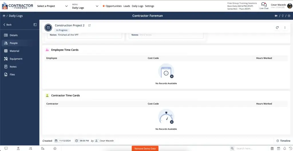 Contractor Foreman daily logs and time cards dashboard