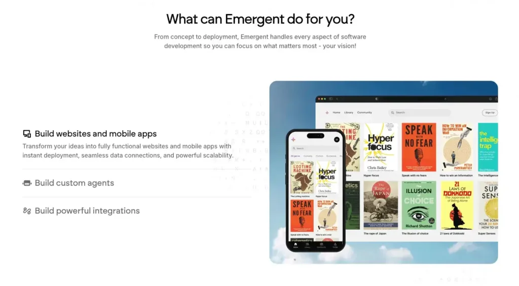 Emergent homepage showing AI software development features for building apps, agents, and integrations