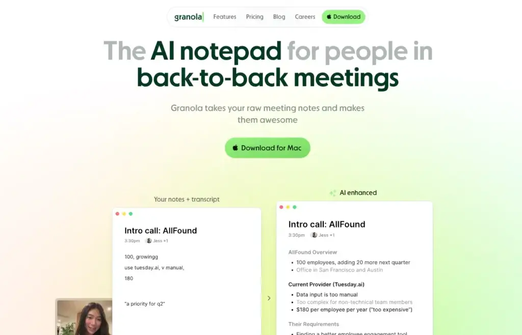 Granola AI notepad interface for meeting notes and summaries