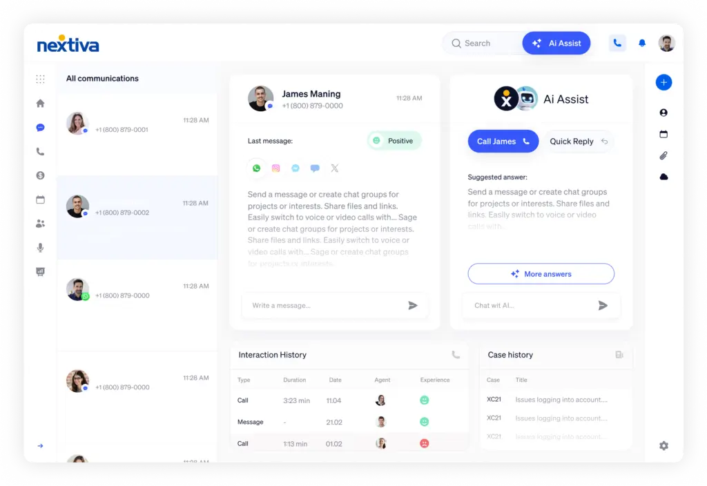 Nextiva unified communication inbox with AI Assist and customer conversation view