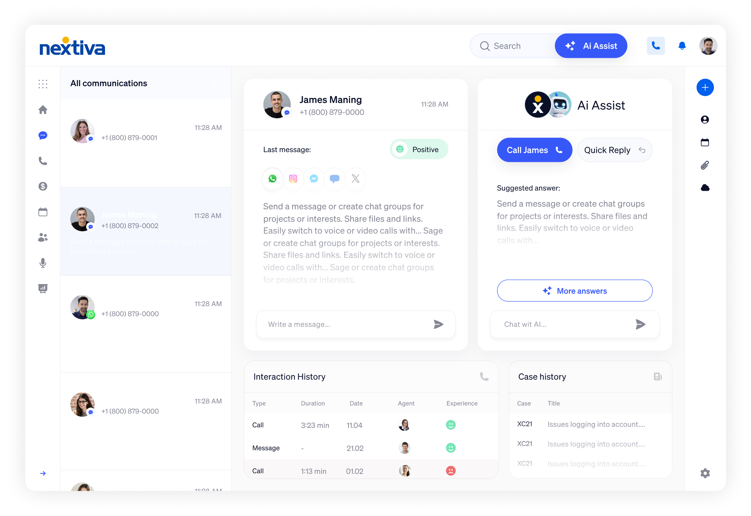Nextiva unified communication inbox with AI Assist and customer conversation view