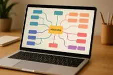 Laptop screen displaying a colorful digital mind map with connected branches.