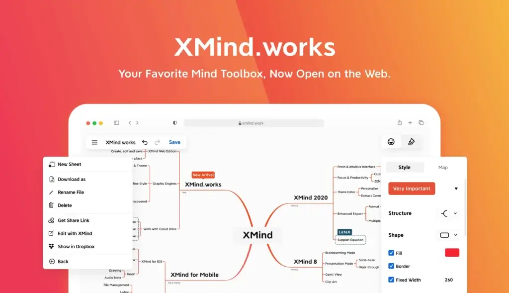 Xmind Works web interface with a central mind map displayed