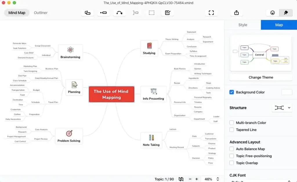 Xmind desktop app showing a detailed mind map with editing options
